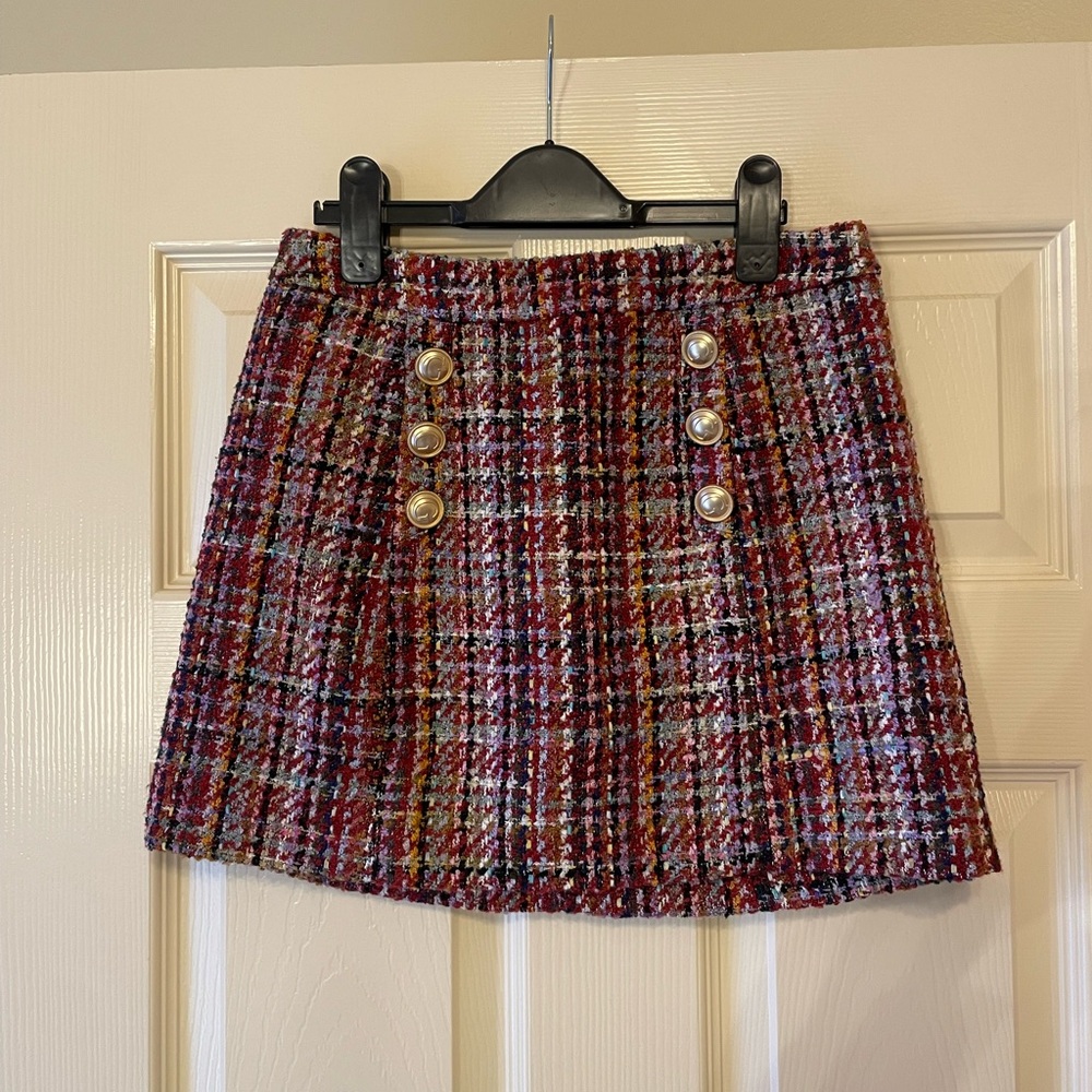 Guess Mikaela Tweed Red Multicolor Gold Buttons Mini Skirt
